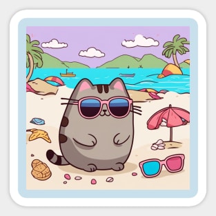 Cute pusheen enjoying a day on the beach Sticker
